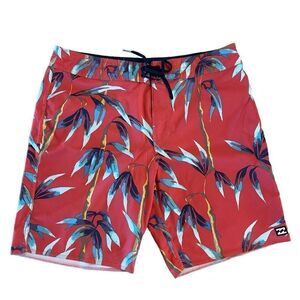 Billabong Mens Recycler Sundays Pro Swim Board Shorts Tropical Print Red Size 32